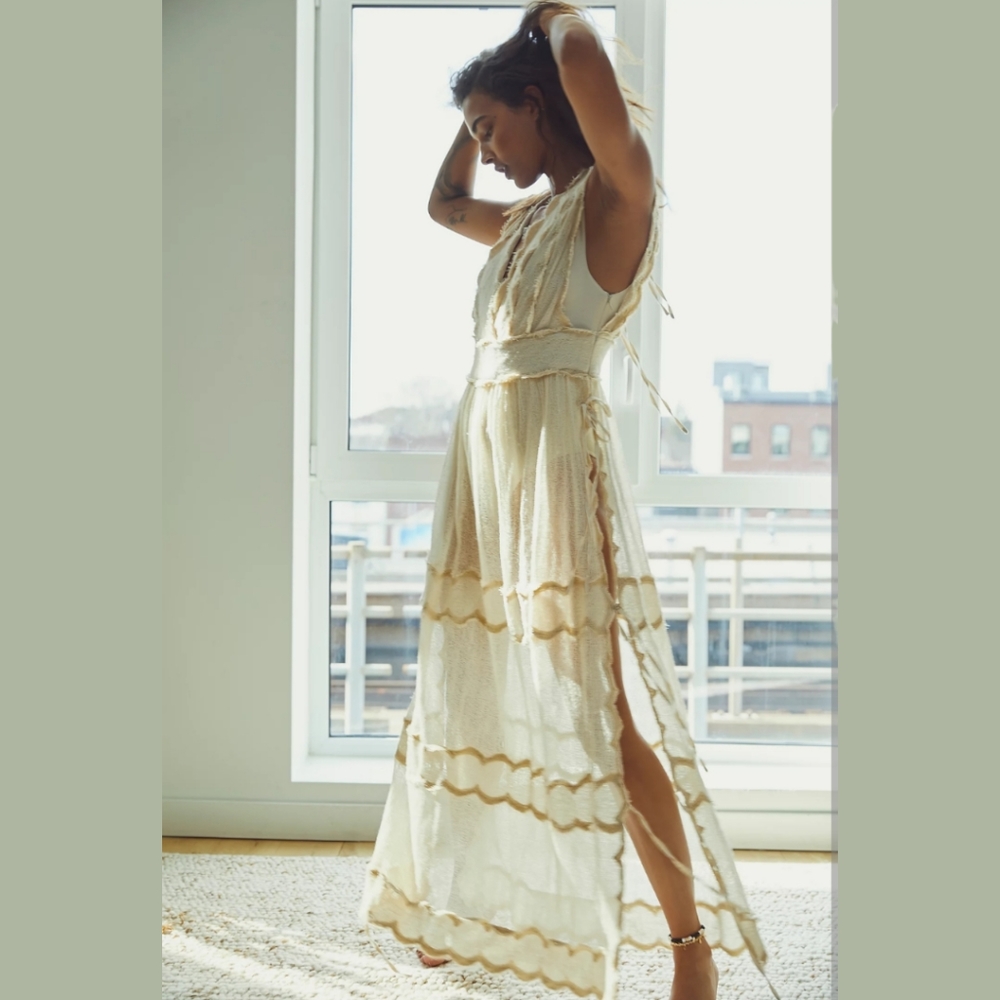 Free People Cream Maxi Dress with Scalloped Trim